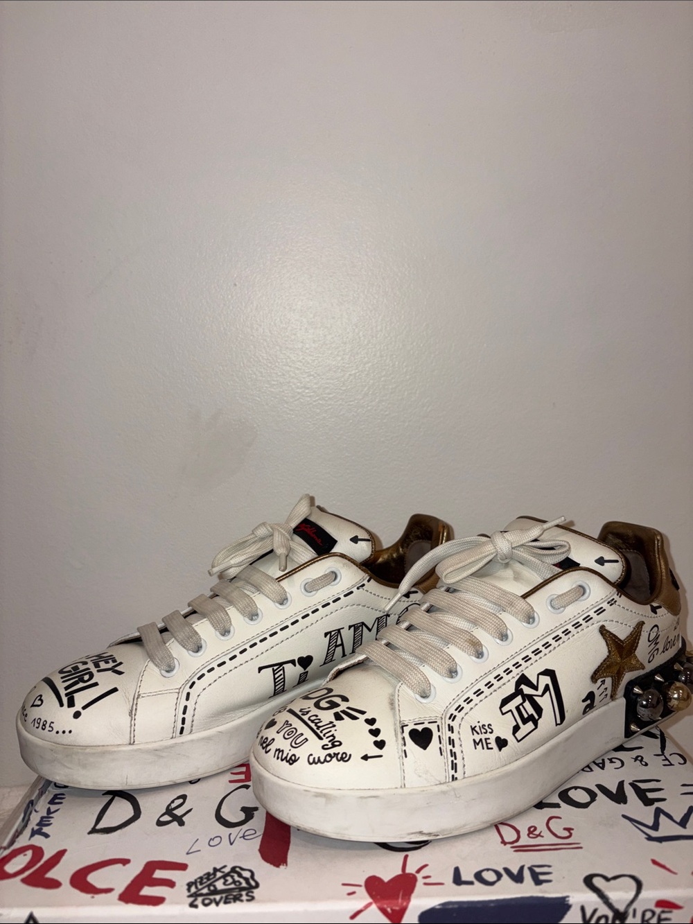 Dolce & Gabbana Portofino Studded and Embroidered Graffiti Sneakers